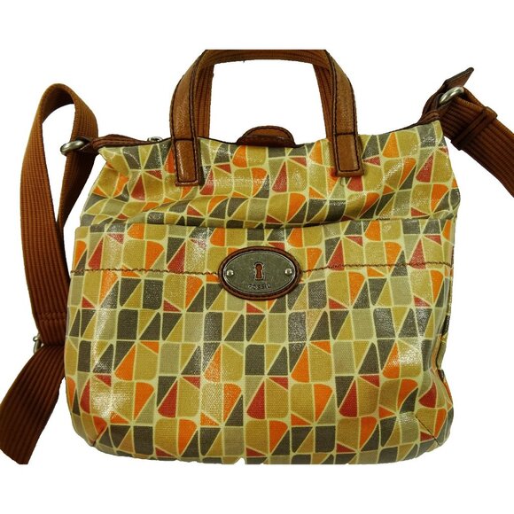 Fossil Key-Per Crossbody Tote Bag Geometric Print Coated Canvas Retro Style - Picture 3 of 12